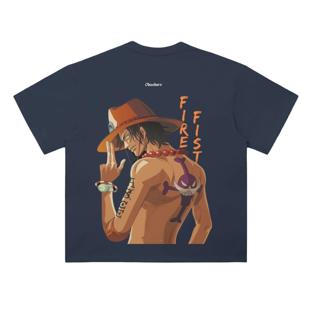 Fire Fist Ace One Piece Anime Navy T-Shirt Back - Premium Anime Streetwear by Obashiro